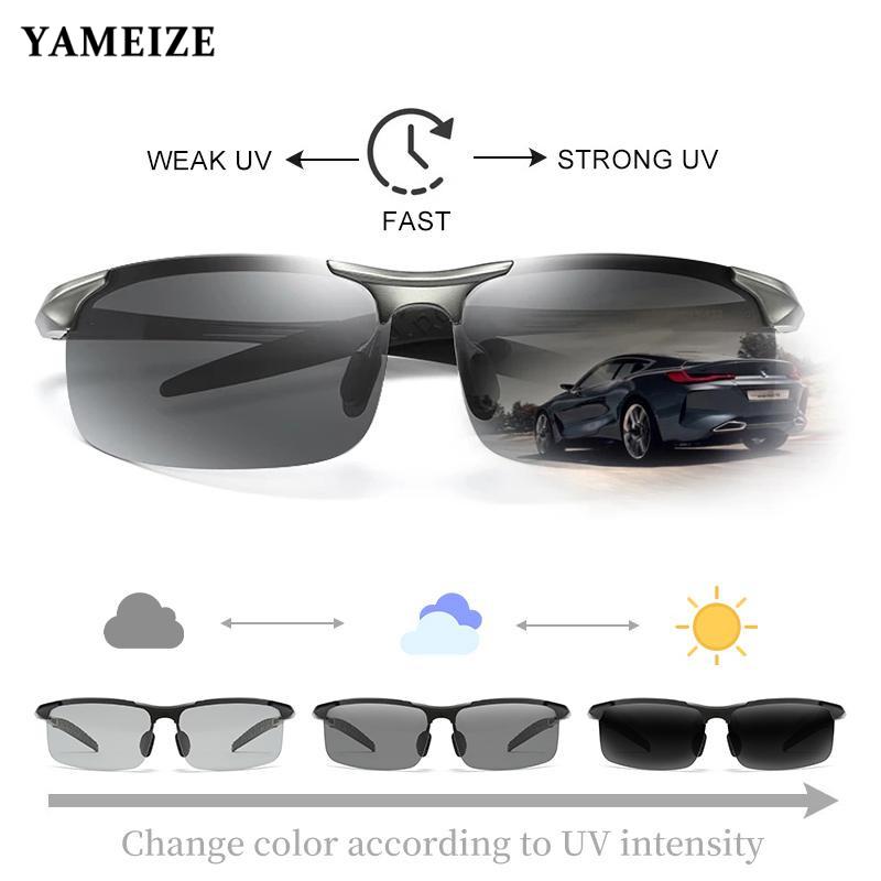 YAMEIZE Photochromic Sunglasses 남성 편광 야간 운전 안경 고글 Anti-Glare Semi-Rimless Chameleon Gafas de sol